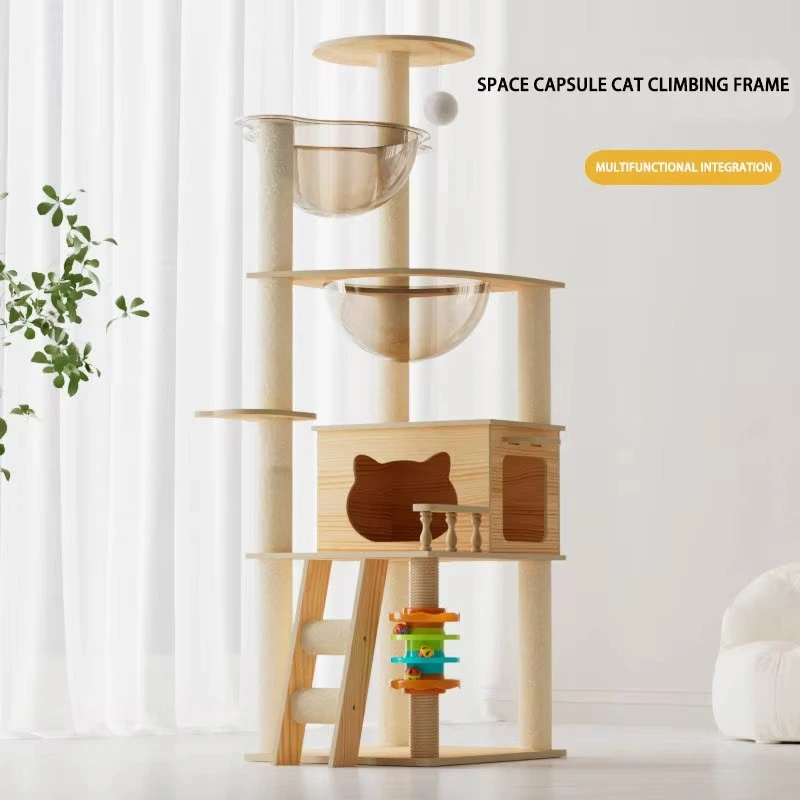 Wholesale Cat Paw Stand Toy Modern Cat Bed Cage Wood Cat Tree House Tower with Space Capsule