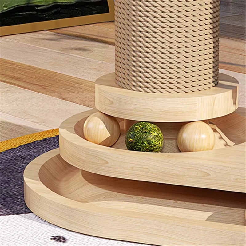 Solid Wood Cat Tower with Teaser Wand, Catnip Ball, Turntable, and Scratching Board – Durable Indoor Sisal Cat Toy & Cat Tree