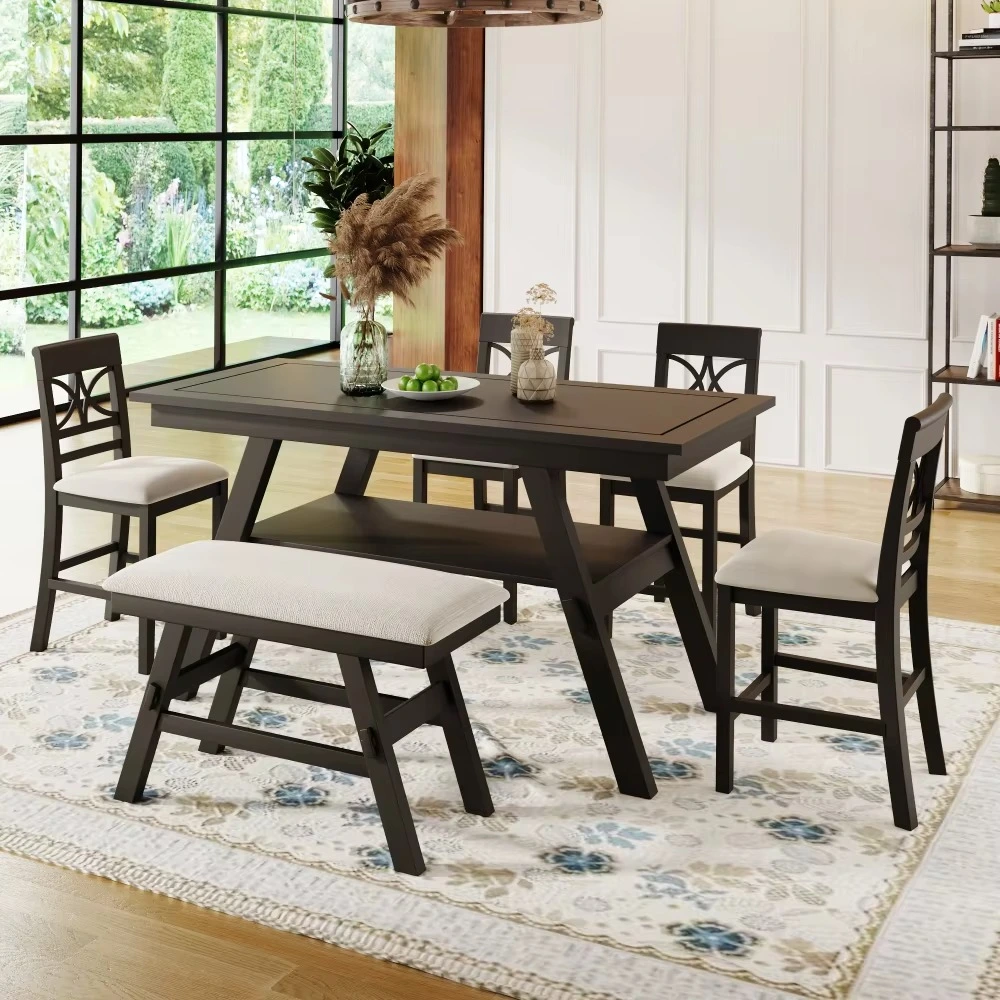 6-Piece Wood Counter Height Dining Table Set with Storage Shelf, Kitchen Table Set with Bench and 4 Chairs