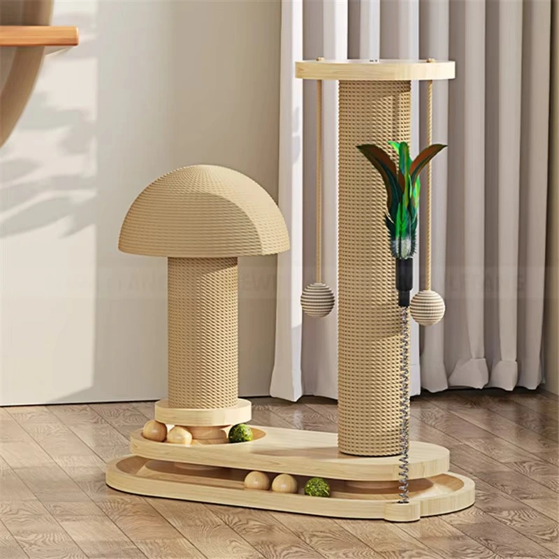 Solid Wood Cat Tower with Teaser Wand, Catnip Ball, Turntable, and Scratching Board – Durable Indoor Sisal Cat Toy & Cat Tree