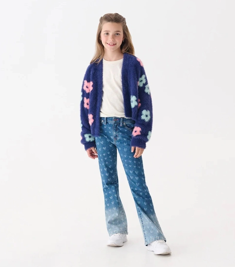 Girls' Big Flowers Open Fuzzy Christmas Kids Knit Cardigan Sweater
