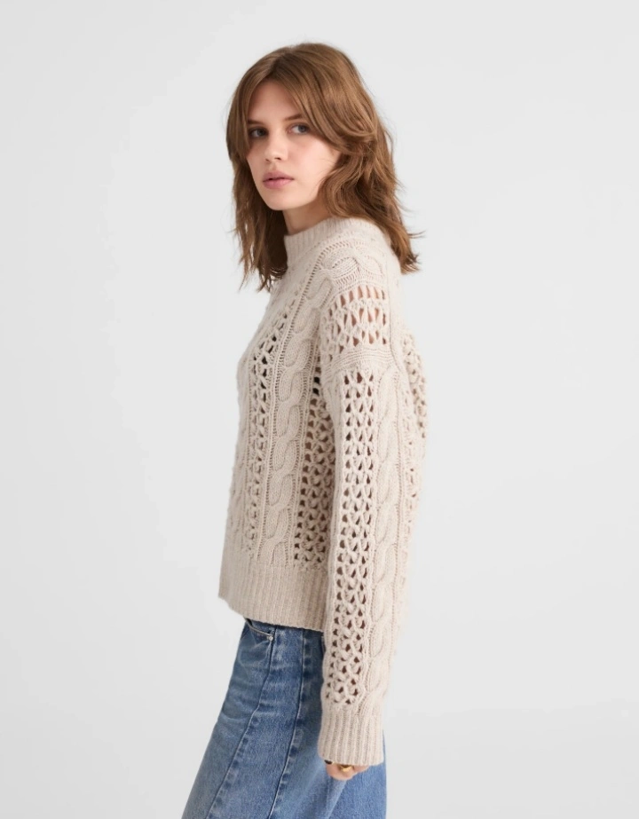 Women's Marled Cable Crew Neck Knit Wool Sweater