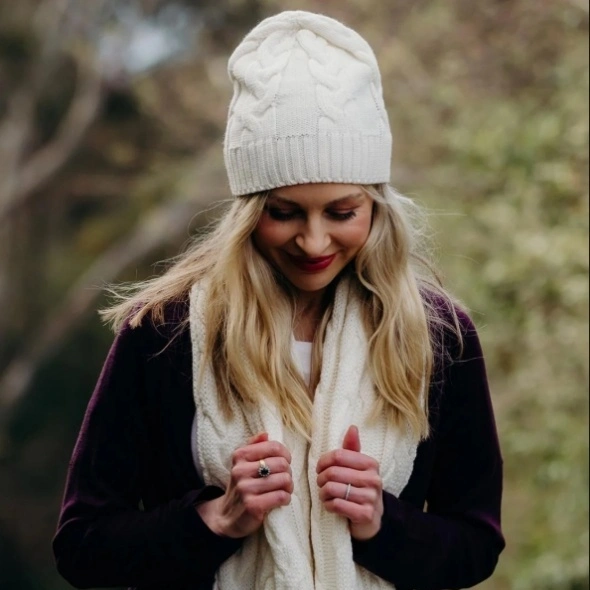 Merino Wool Cable Knit Beanie Hat and Scarf