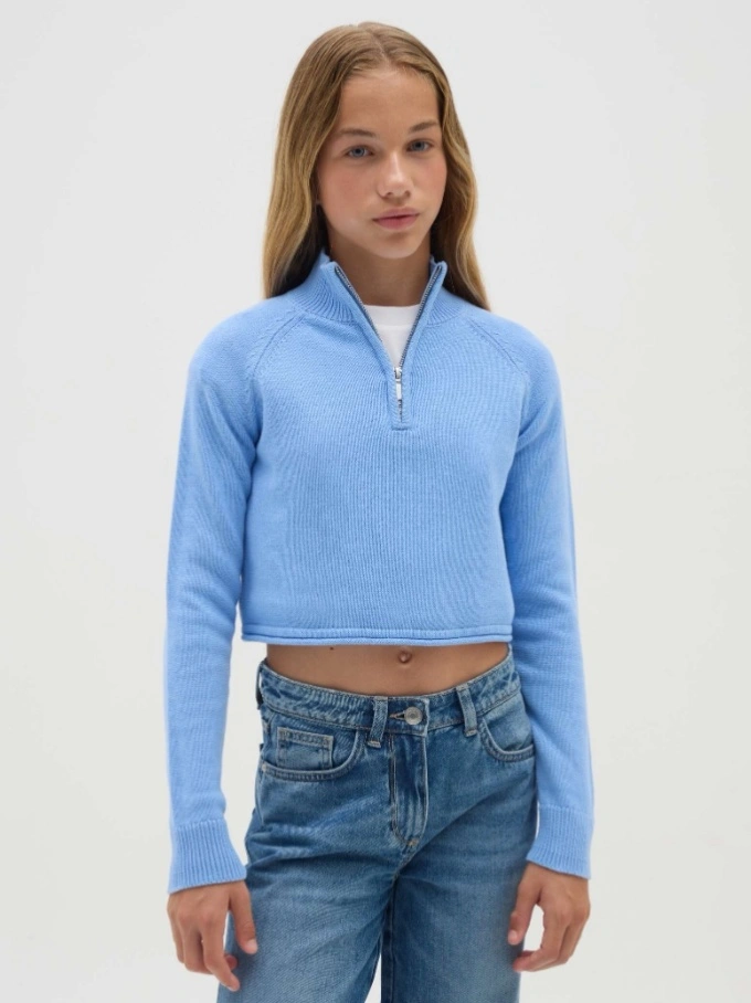Teen girls cropped knit sweater with half zip neckline knitwear