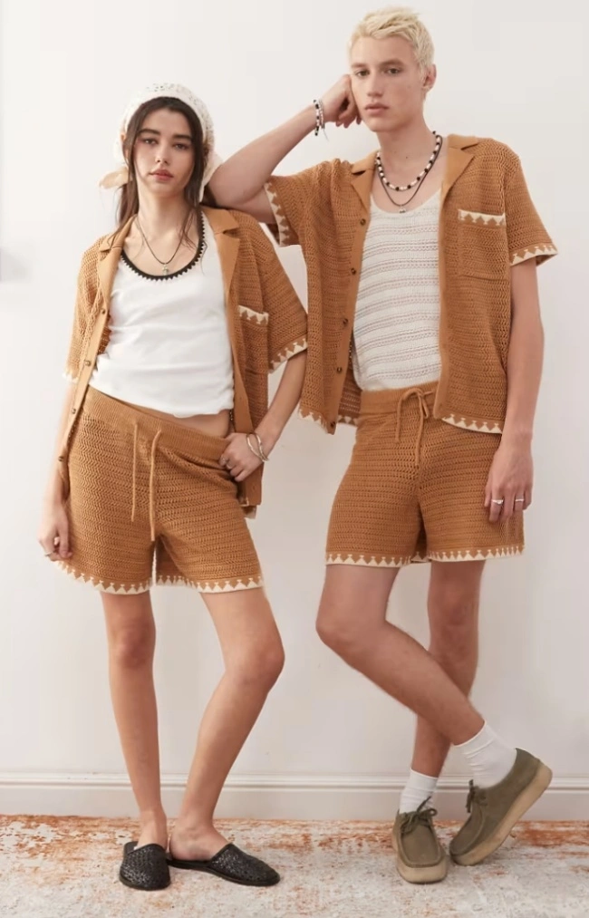 Vintage Unisex Crocheted Mesh Knit Festival Shorts Cardigan Crochet Knitwear Set