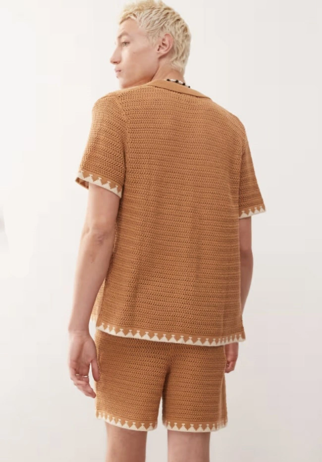 Vintage Unisex Crocheted Mesh Knit Festival Shorts Cardigan Crochet Knitwear Set