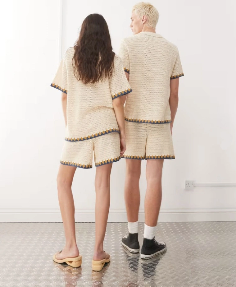 Unisex Crochet Mesh Set Shorts Knitted Cardigan Knitwear Suit