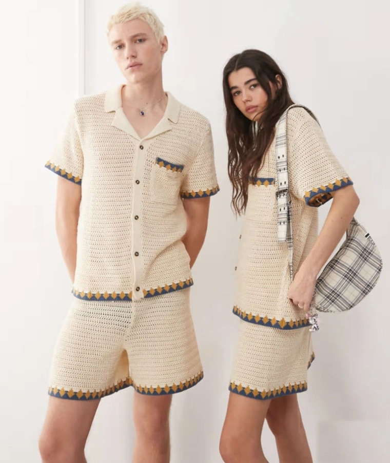 Unisex Crochet Mesh Set Shorts Knitted Cardigan Knitwear Suit