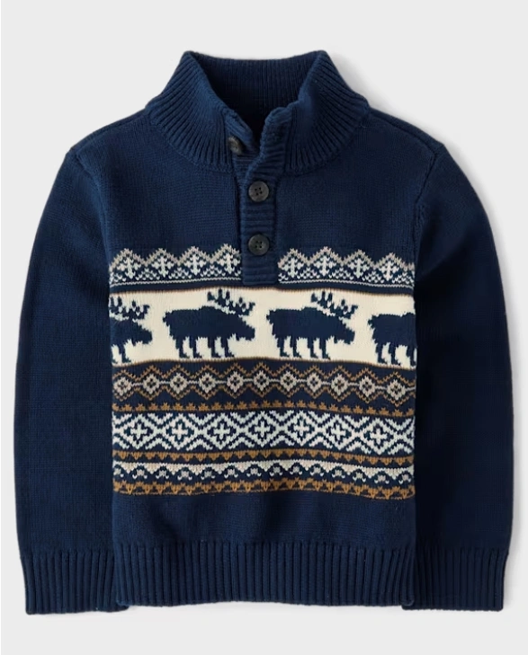 Boys Moose Fairisle Mock Neck Christmas Knit Sweater