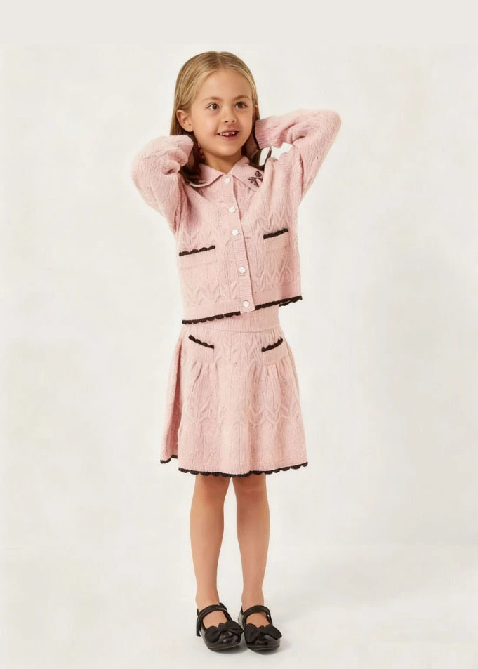 Girls Bow Collar Knit Sweater Cardigan & Knit Skirt Set Suit