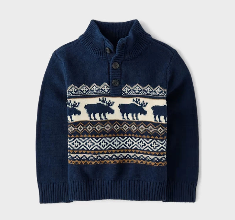 Boys Moose Fairisle Mock Neck Christmas Knit Sweater