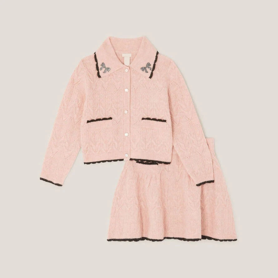 Girls Bow Collar Knit Sweater Cardigan & Knit Skirt Set Suit