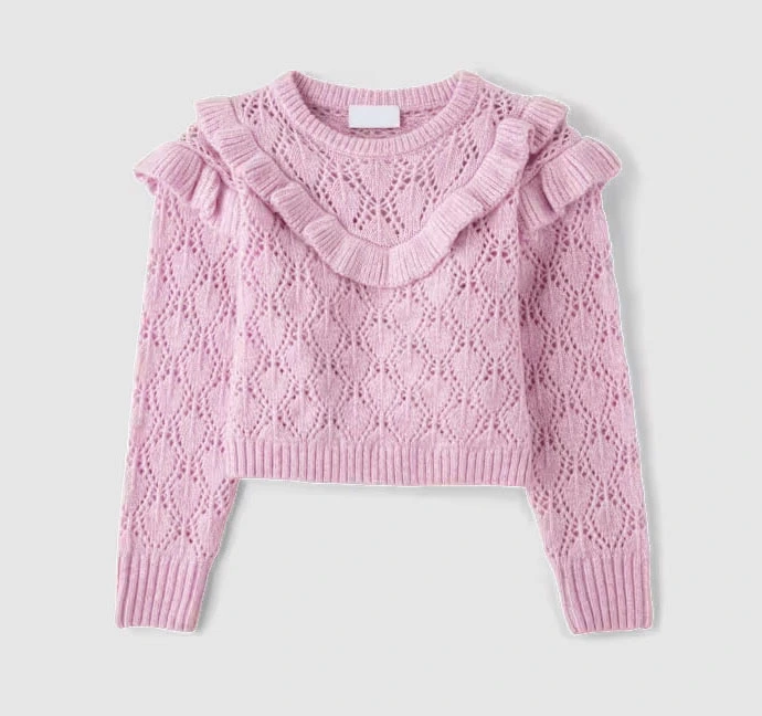 Girls' Ruffle Pointelle Knitted Sweater Crochet Children's Knitwear