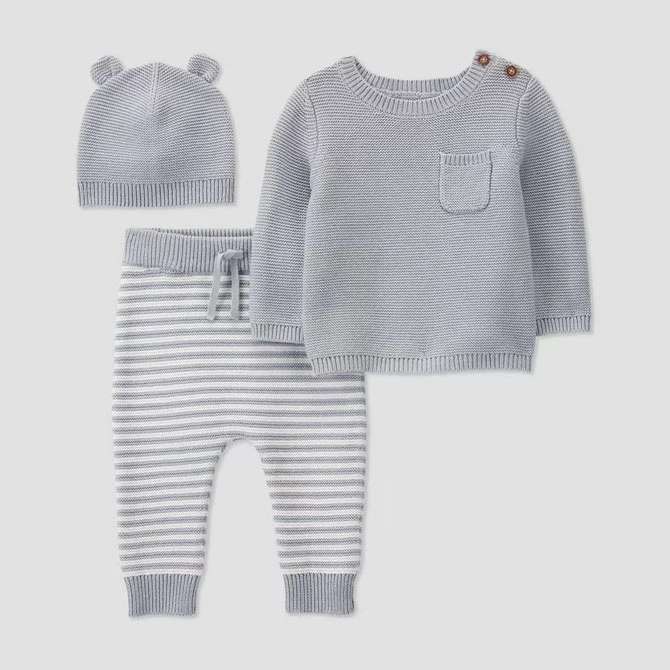 Baby Boys' Striped Sweater & Bottom 3-Piece Knit Set: Sweater, Jogger Pant, Cap with Ears Sweater Suit