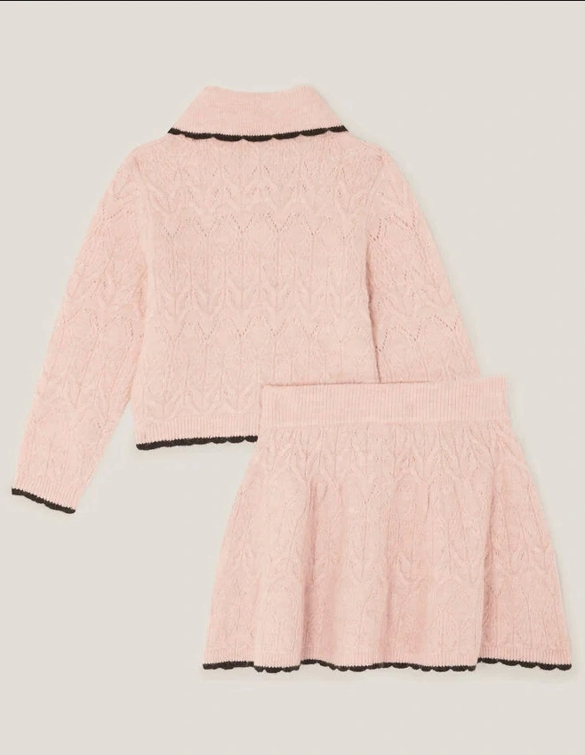 Girls Bow Collar Knit Sweater Cardigan & Knit Skirt Set Suit