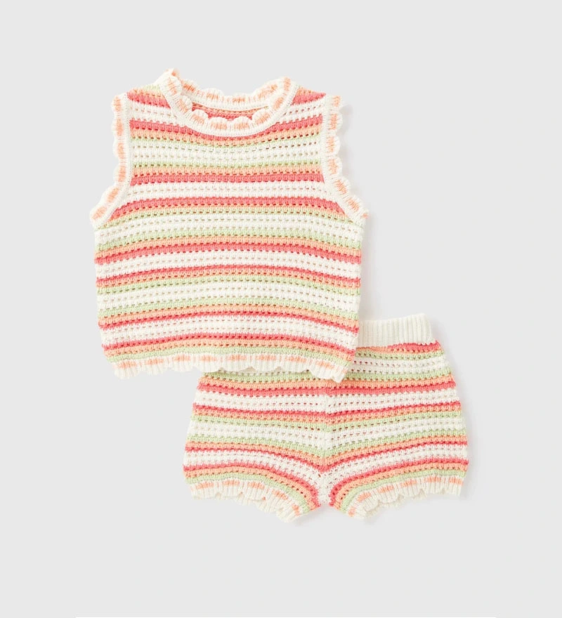 Girls Multicolour Stripe Crochet Knit Top & Shorts Set Suits