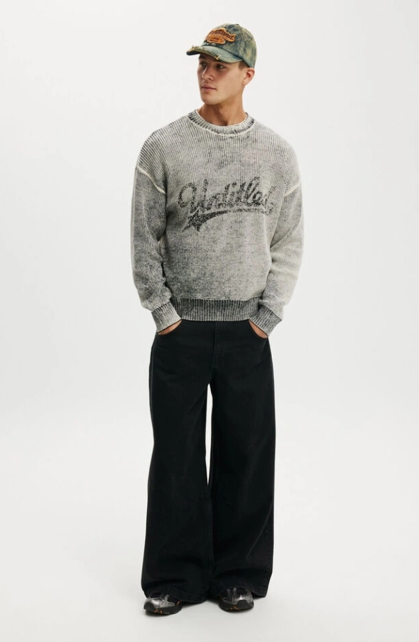 Men's Washed-Effect Printing Crew Knit Pullover Sweater