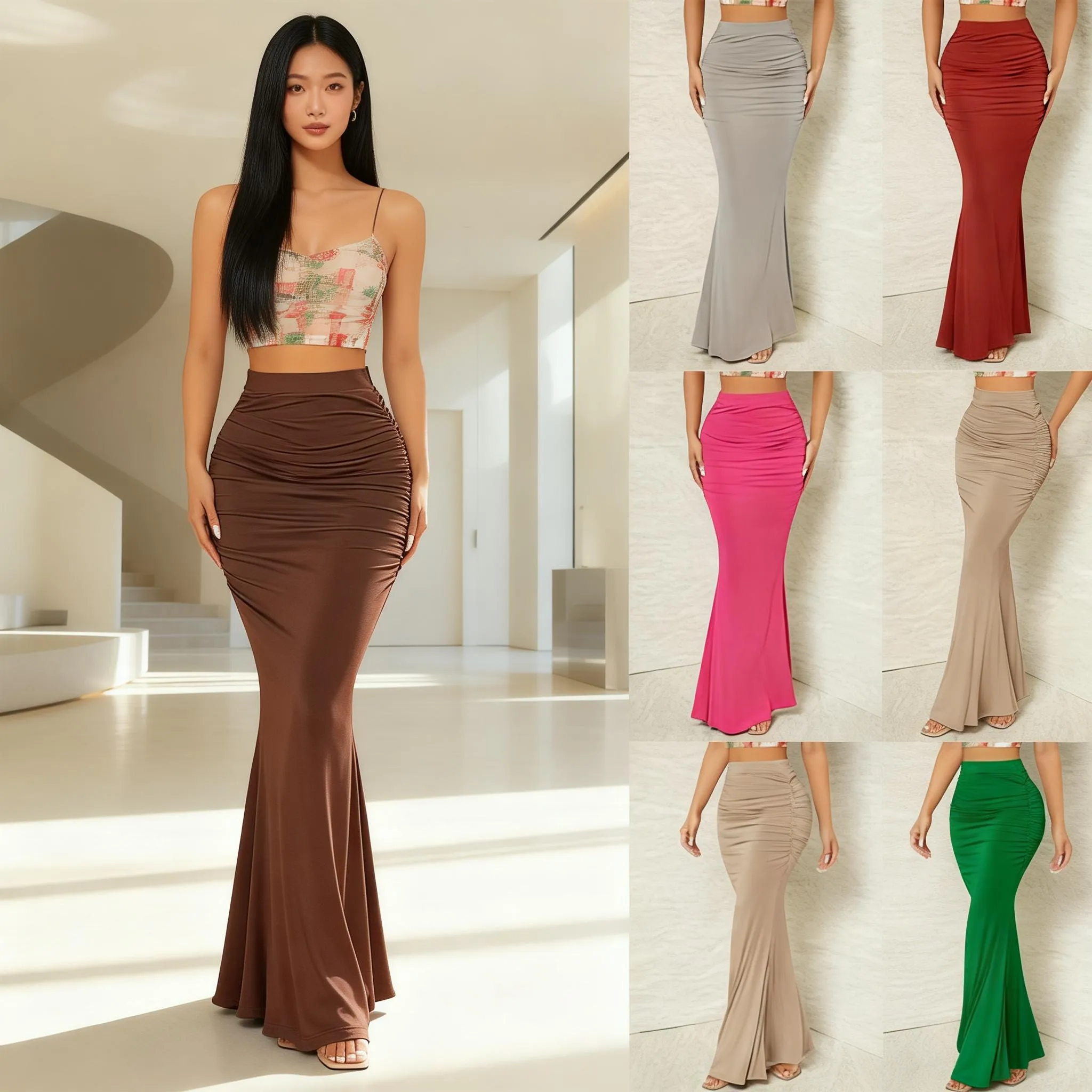 Jupe maxi sirène haute taille avec fronces.