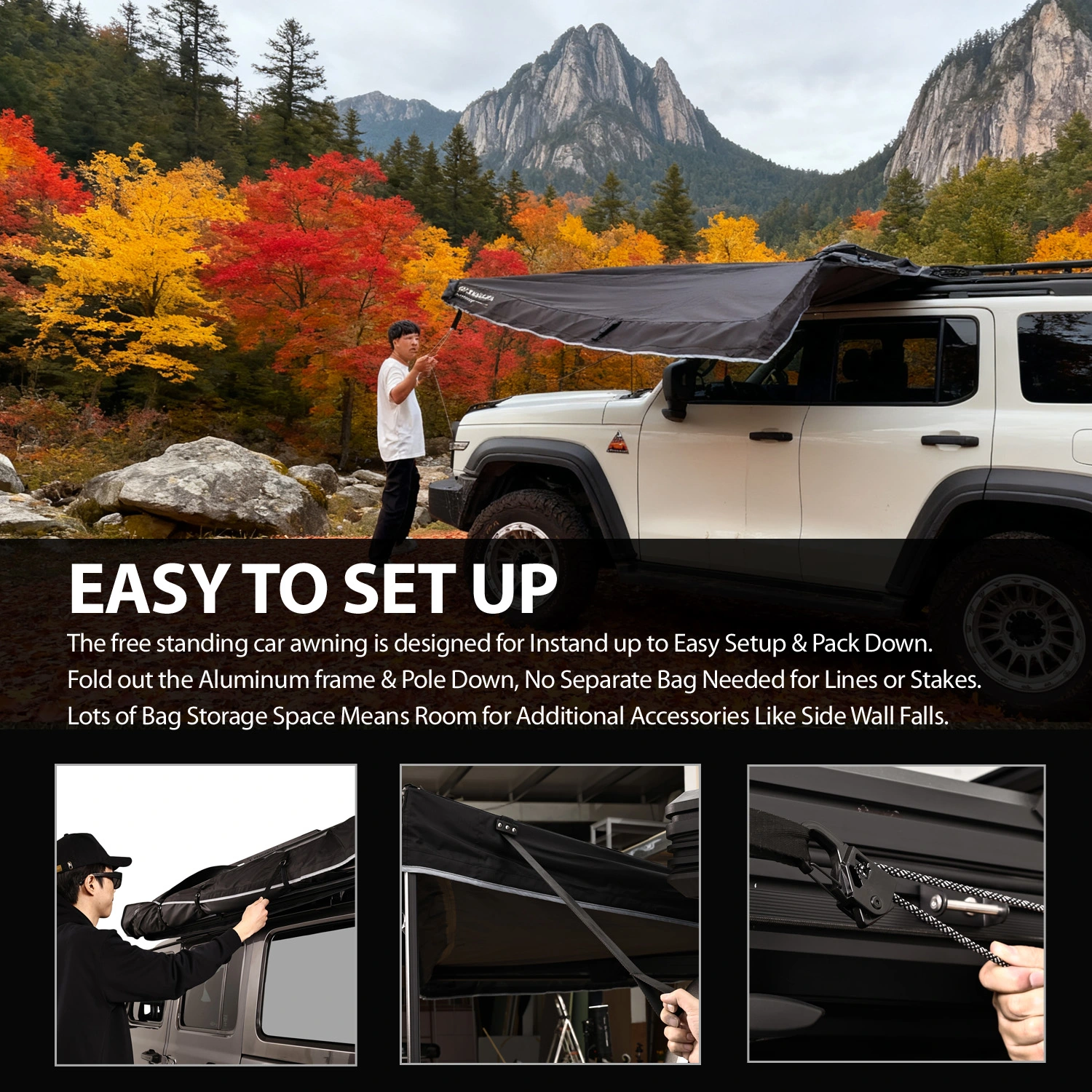 Camping 180 Degree Free Standing Fan Tent SUV Car Side Awning With LED Bars