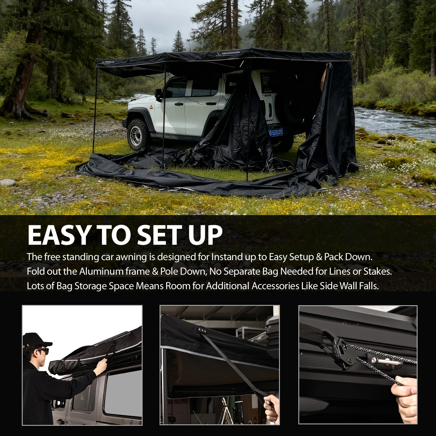 Camping Car SUV Roof Tent Free Standing 360 Degree Foxwing Awning Annex Room With Sidewall Cover