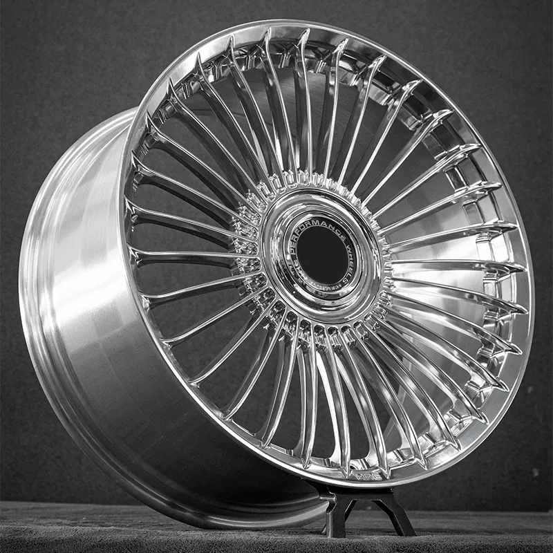 Fully polished one-piece forged custom aluminum alloy wheels with large floating center caps, available in 18-inch, 19-inch, 20-inch, and 21-inch sizes