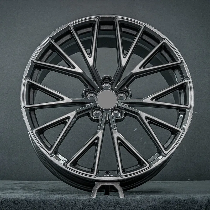 Forged wheels in full dark gunmetal gray, available in 17-inch, 18-inch, 19-inch, 20-inch, and 21-inch sizes, with bolt patterns 5x100, 5x105, 5x108, 5x110, 5x112, 5x114.3, and 5x120 for passenger car alloy wheels