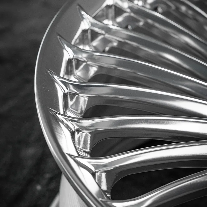 Fully polished one-piece forged custom aluminum alloy wheels with large floating center caps, available in 18-inch, 19-inch, 20-inch, and 21-inch sizes