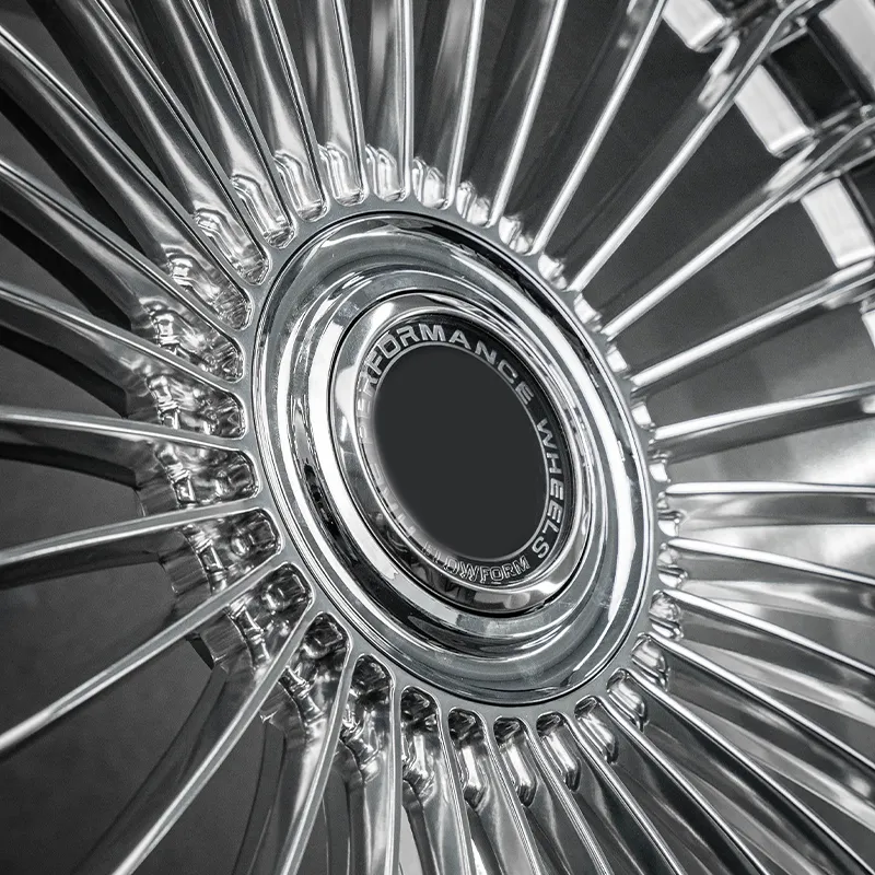 Fully polished one-piece forged custom aluminum alloy wheels with large floating center caps, available in 18-inch, 19-inch, 20-inch, and 21-inch sizes