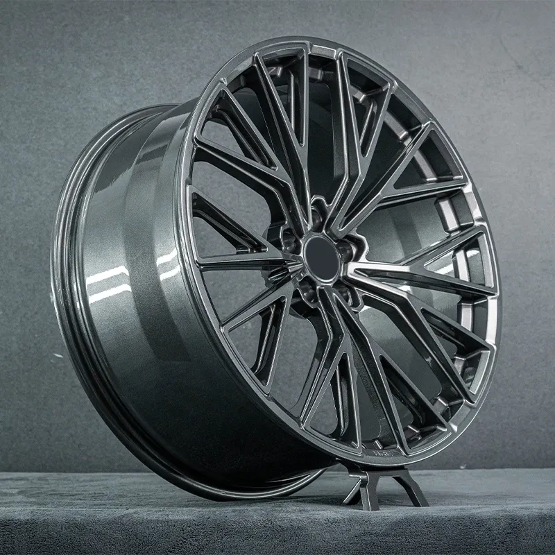 Forged wheels in full dark gunmetal gray, available in 17-inch, 18-inch, 19-inch, 20-inch, and 21-inch sizes, with bolt patterns 5x100, 5x105, 5x108, 5x110, 5x112, 5x114.3, and 5x120 for passenger car alloy wheels