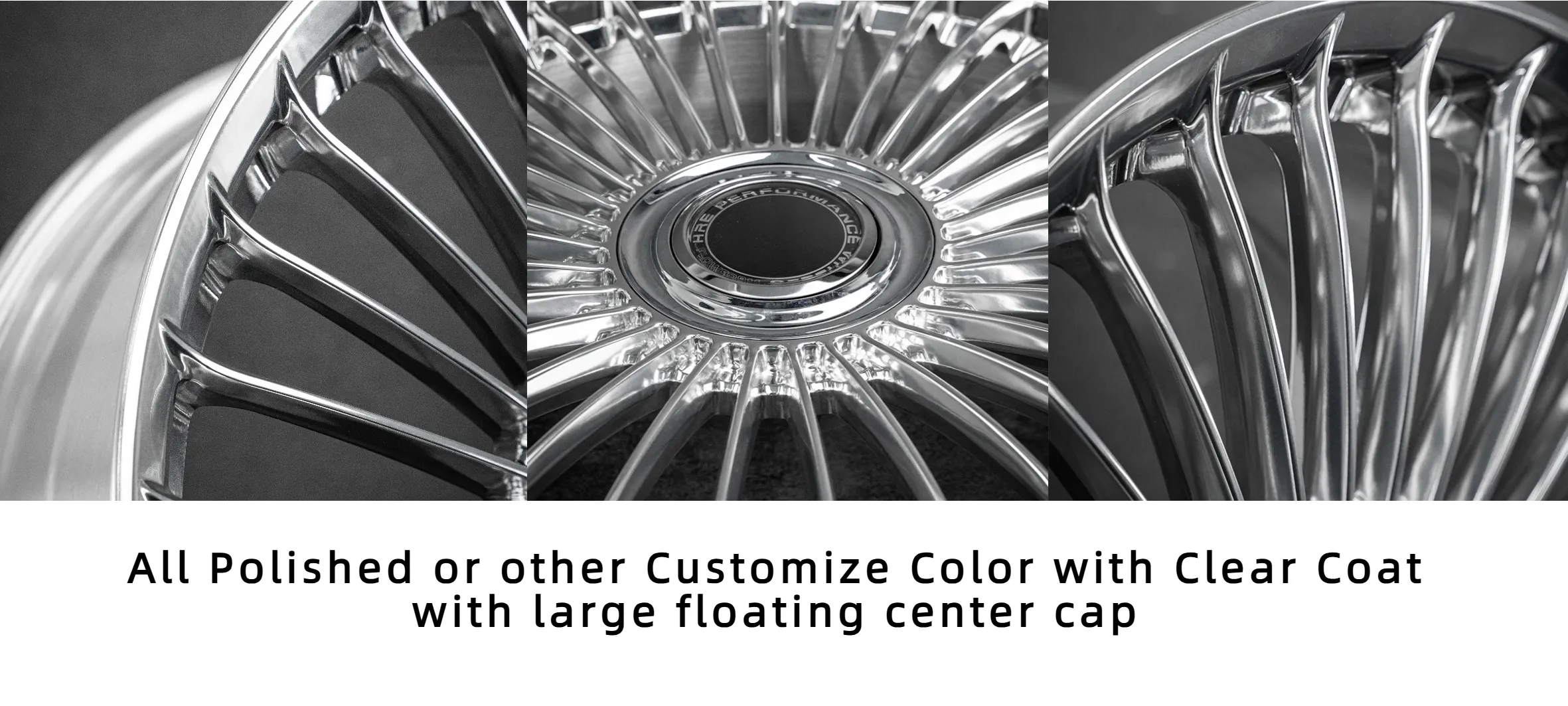 Fully polished one-piece forged custom aluminum alloy wheels with large floating center caps, available in 18-inch, 19-inch, 20-inch, and 21-inch sizes