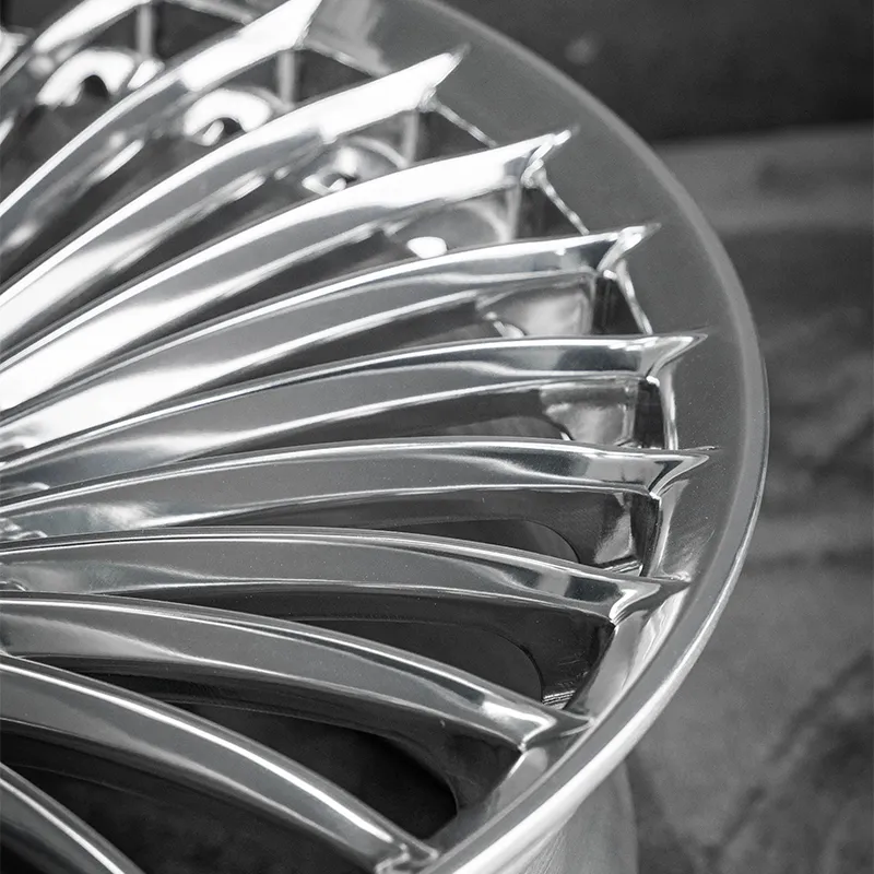 Fully polished one-piece forged custom aluminum alloy wheels with large floating center caps, available in 18-inch, 19-inch, 20-inch, and 21-inch sizes