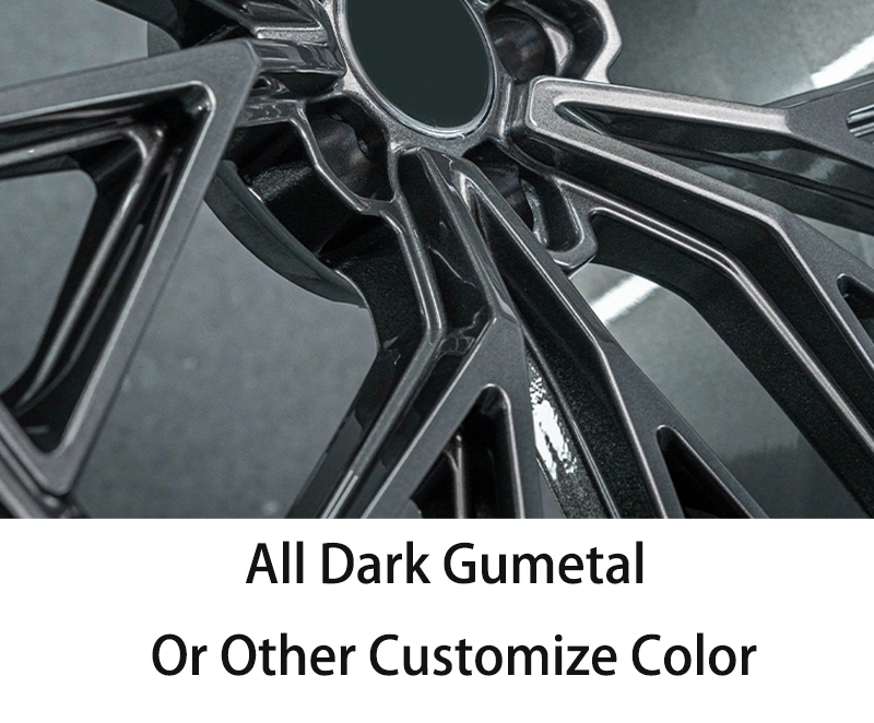 Forged wheels in full dark gunmetal gray, available in 17-inch, 18-inch, 19-inch, 20-inch, and 21-inch sizes, with bolt patterns 5x100, 5x105, 5x108, 5x110, 5x112, 5x114.3, and 5x120 for passenger car alloy wheels