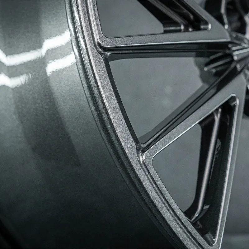 Forged wheels in full dark gunmetal gray, available in 17-inch, 18-inch, 19-inch, 20-inch, and 21-inch sizes, with bolt patterns 5x100, 5x105, 5x108, 5x110, 5x112, 5x114.3, and 5x120 for passenger car alloy wheels