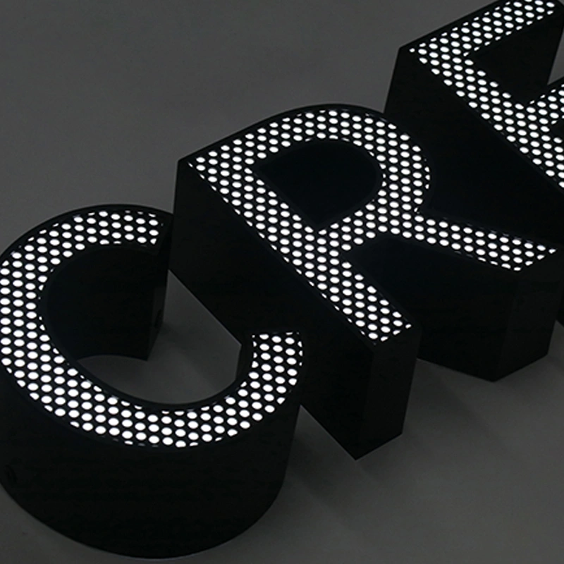 Perforated Brushed Black Stainless Steel Channel Letters | Front-Lit Point Signage