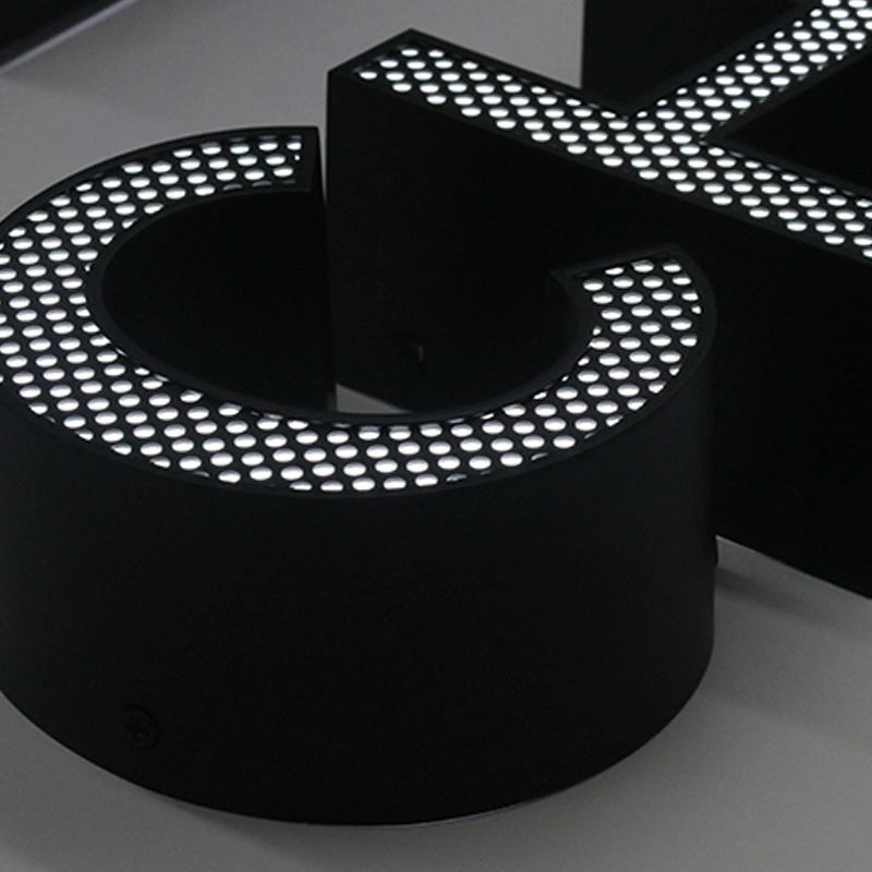 Perforated Brushed Black Stainless Steel Channel Letters | Front-Lit Point Signage