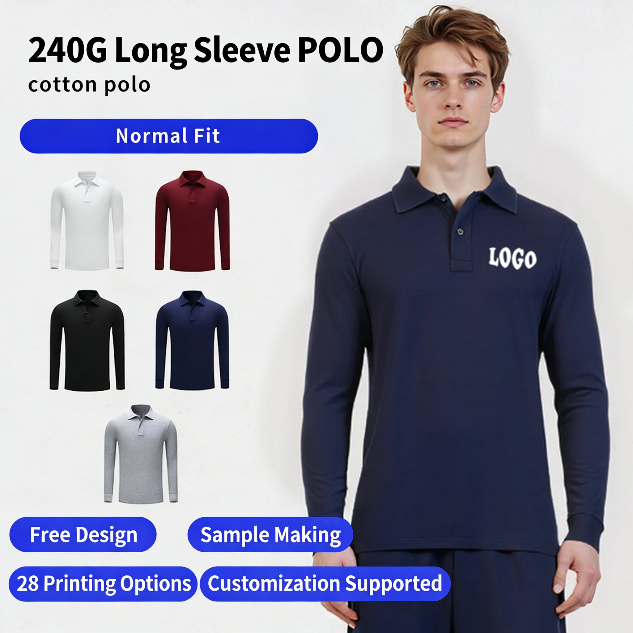 Turn-down collar 240g long-sleeve T-shirt men's workwear and group uniform thin POLO shirt in stock for wholesale with custom logo printing