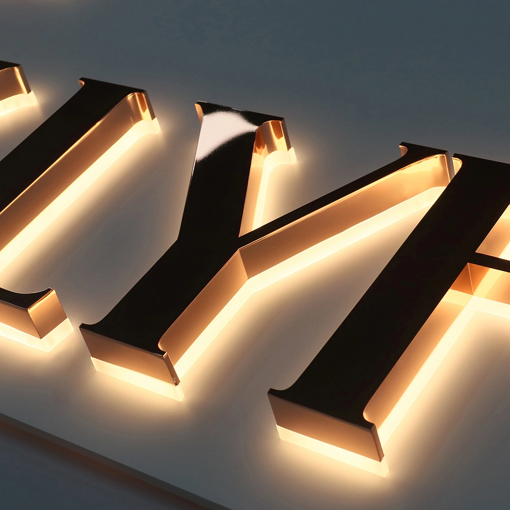 Rose Gold Mirror Halo-Lit Signs | Luxury Polished Metal Back-Lit LED Signage