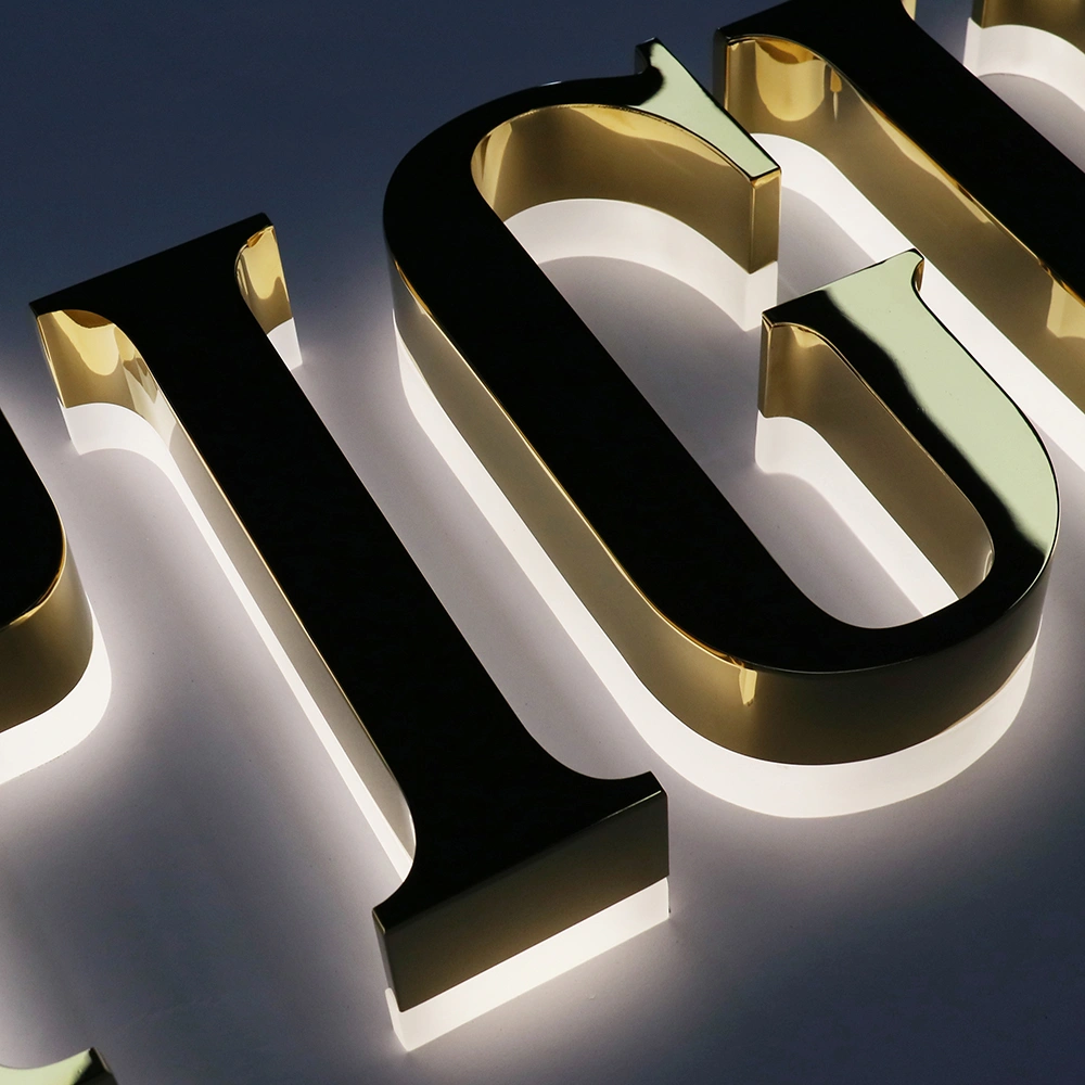 Mirror Gold Titanium Halo-Lit Signs | Luxury Polished Metal Back-Lit LED Signage