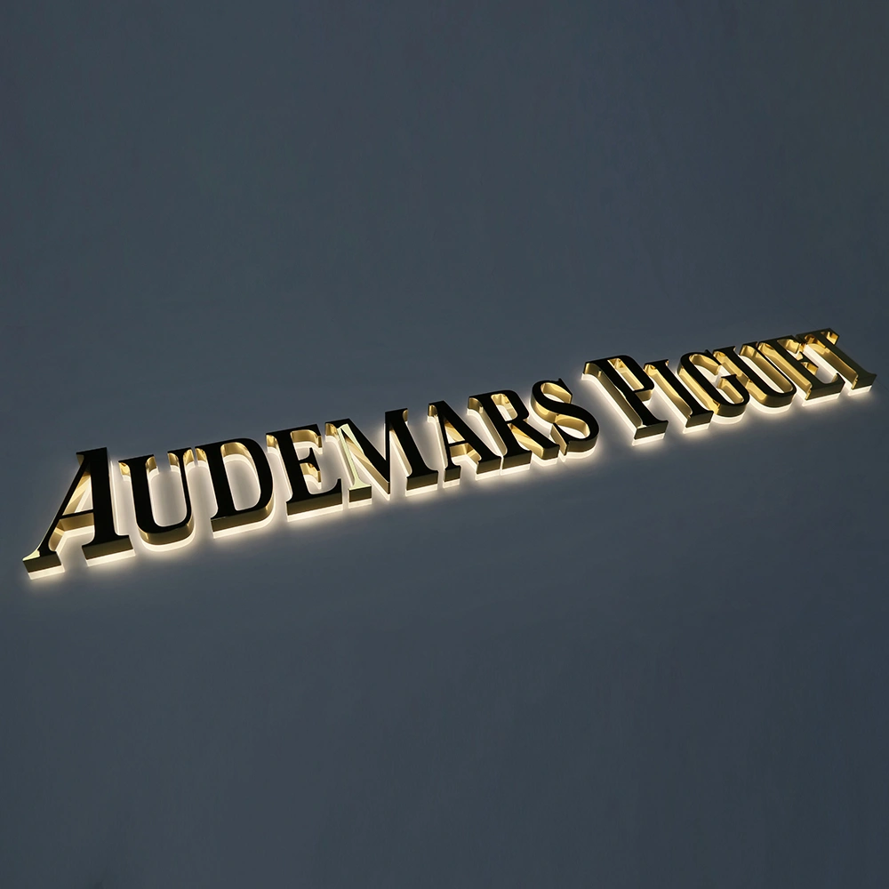 Mirror Gold Titanium Halo-Lit Signs | Luxury Polished Metal Back-Lit LED Signage