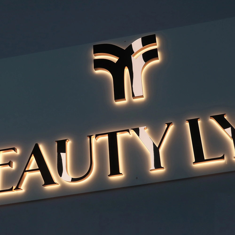 Rose Gold Mirror Halo-Lit Signs | Luxury Polished Metal Back-Lit LED Signage