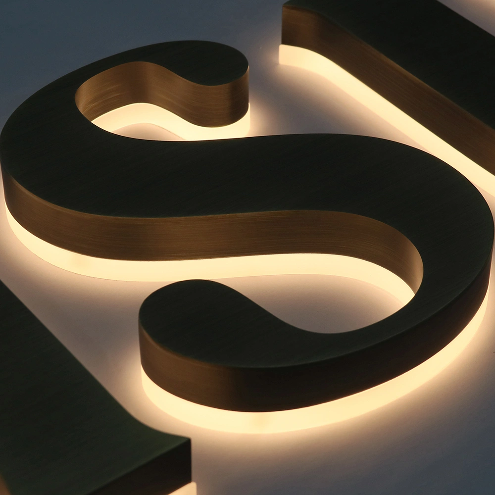 Antique Brushed Bronze Halo-Lit Signs | Vintage Metal Back-Lit LED Signage