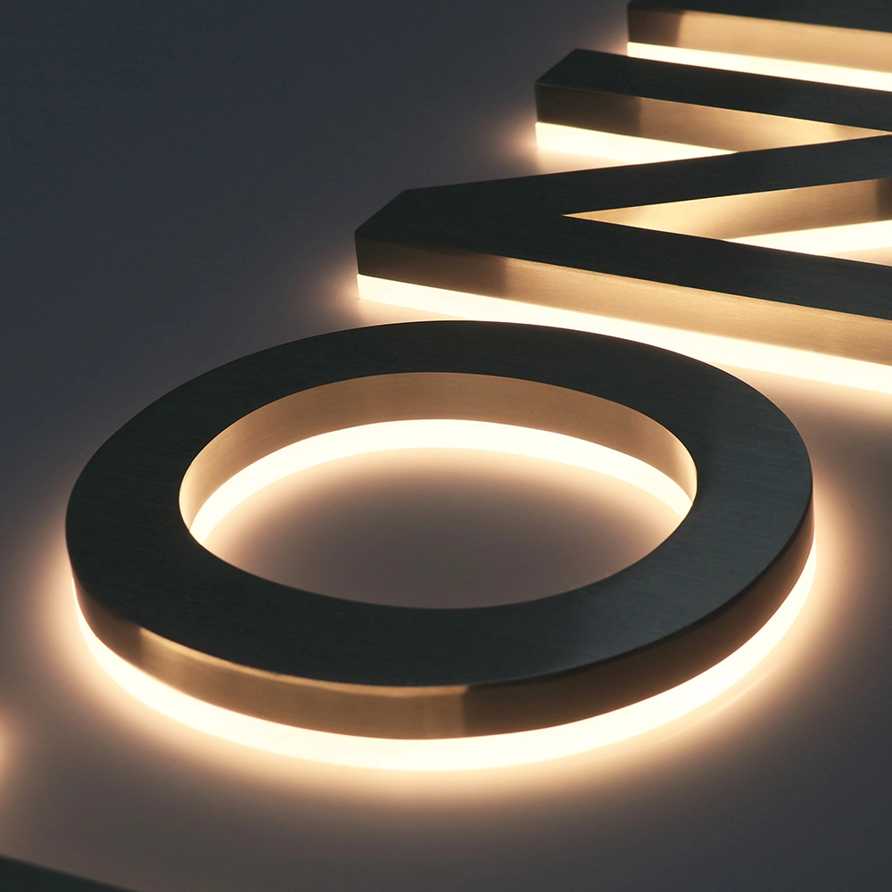 Brushed Silver Stainless Steel Halo-Lit Signs | Modern Industrial LED Back-Lit Signage