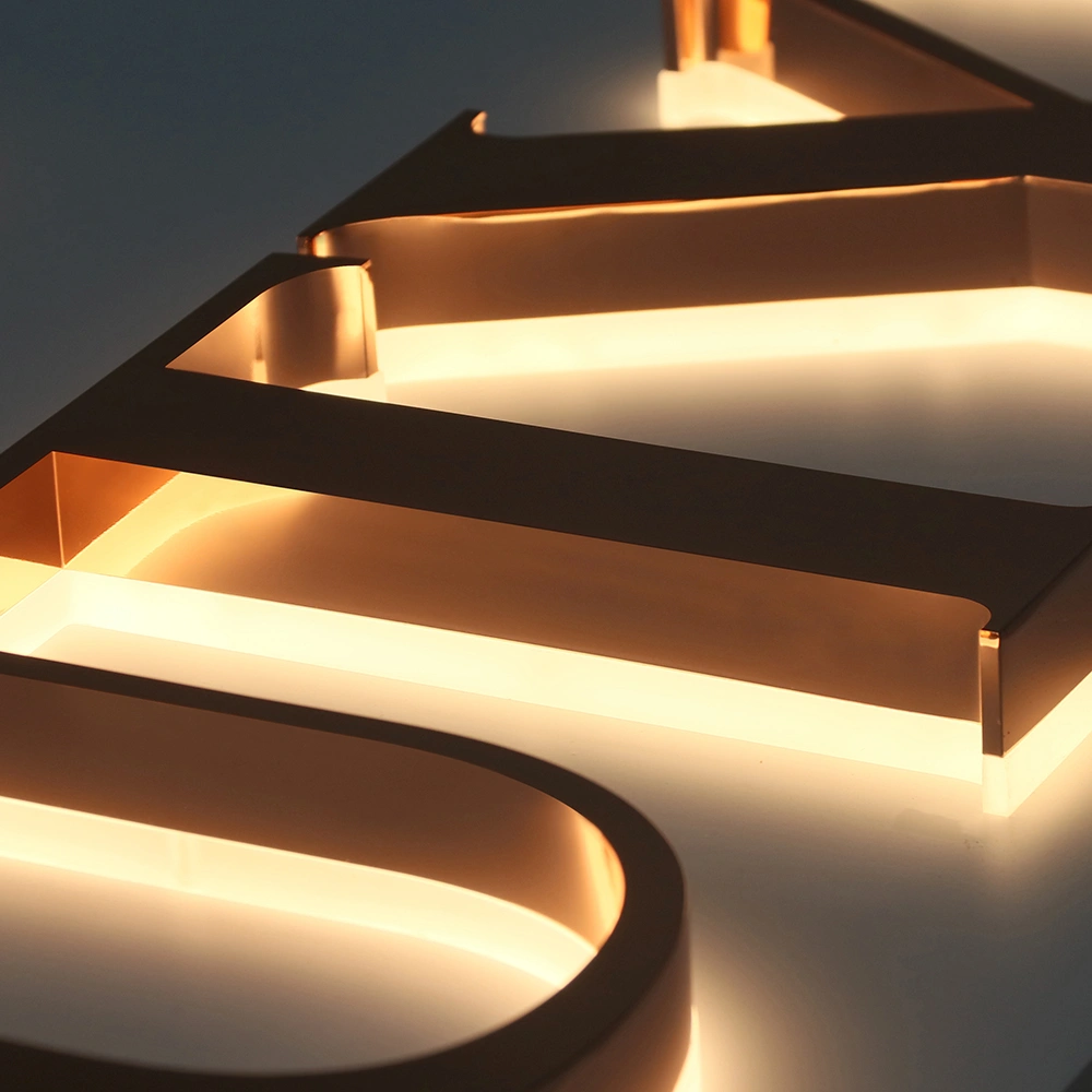 Rose Gold Mirror Halo-Lit Signs | Luxury Polished Metal Back-Lit LED Signage