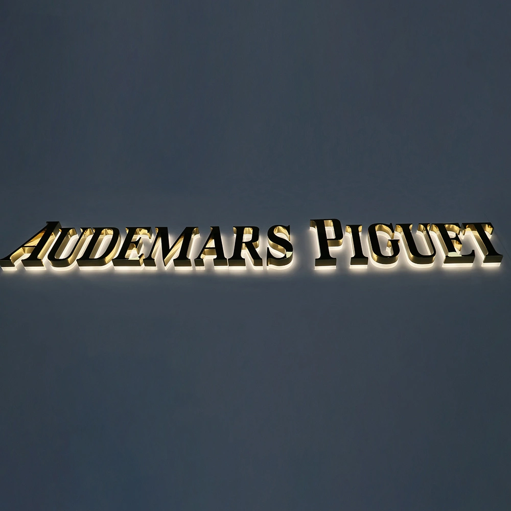 Mirror Gold Titanium Halo-Lit Signs | Luxury Polished Metal Back-Lit LED Signage