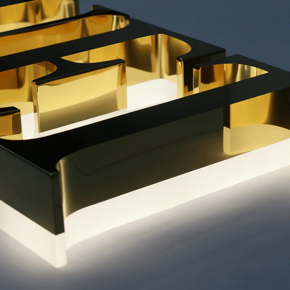Mirror Gold Titanium Halo-Lit Signs | Luxury Polished Metal Back-Lit LED Signage