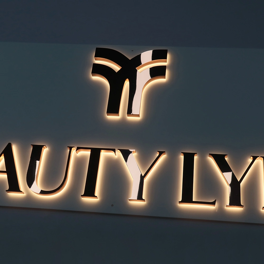 Rose Gold Mirror Halo-Lit Signs | Luxury Polished Metal Back-Lit LED Signage