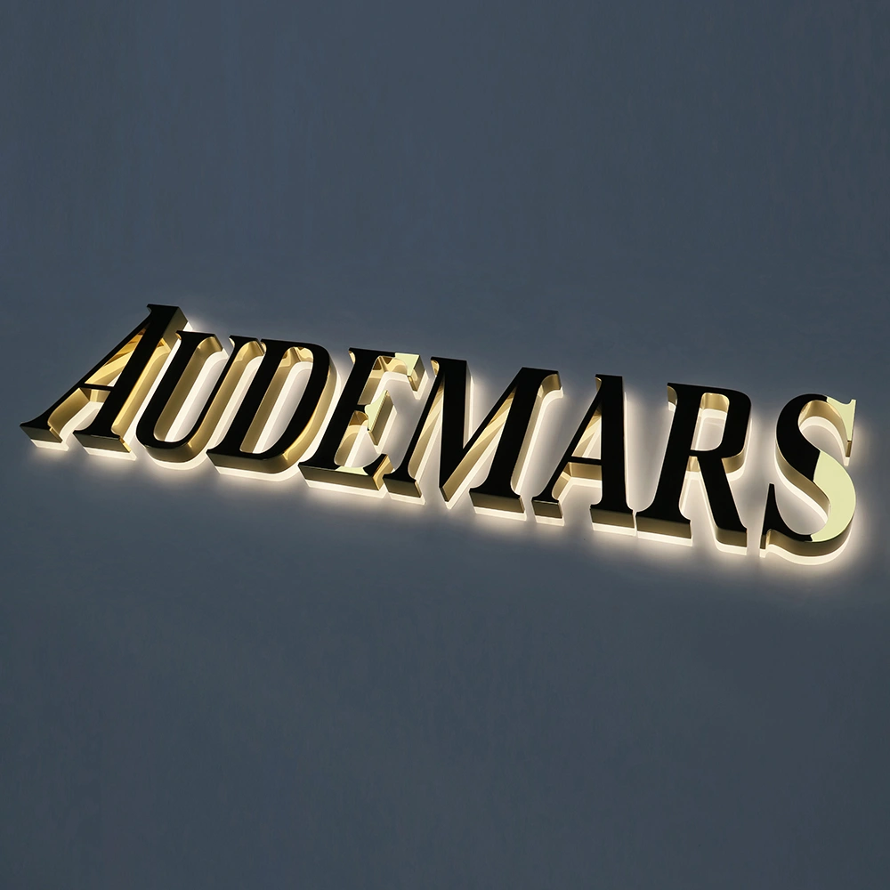 Mirror Gold Titanium Halo-Lit Signs | Luxury Polished Metal Back-Lit LED Signage