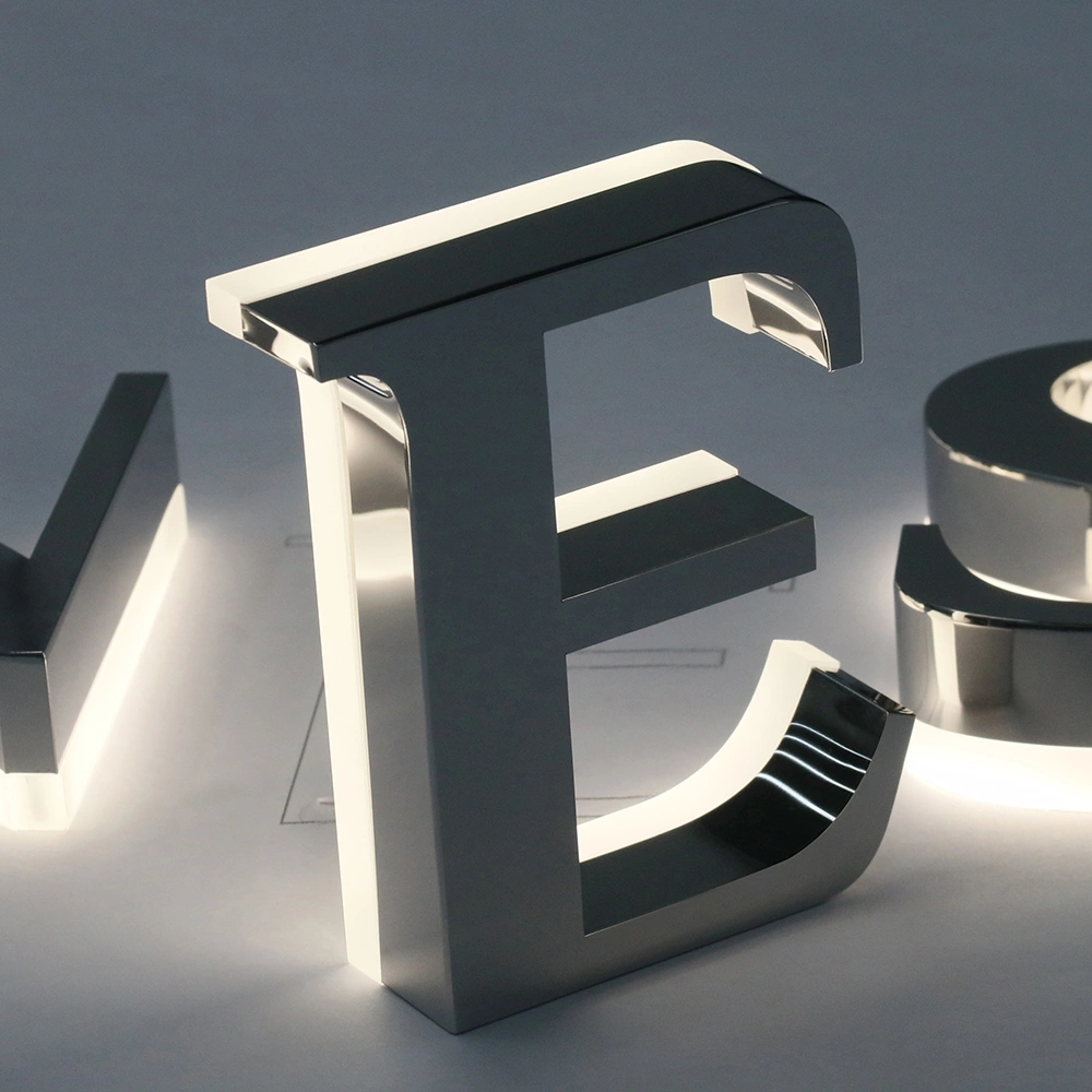 Mirror Silver Stainless Steel Halo-Lit Signs | Polished Chrome Effect LED Signage