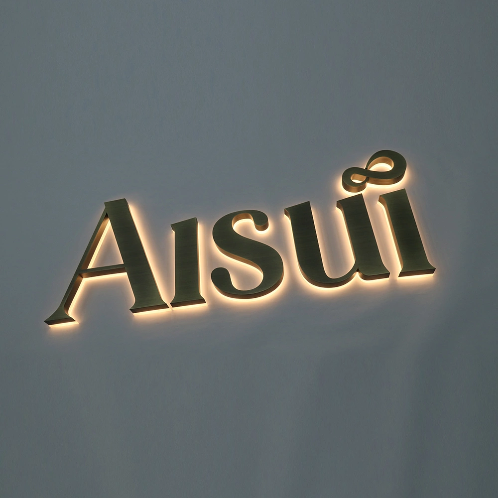 Antique Brushed Bronze Halo-Lit Signs | Vintage Metal Back-Lit LED Signage