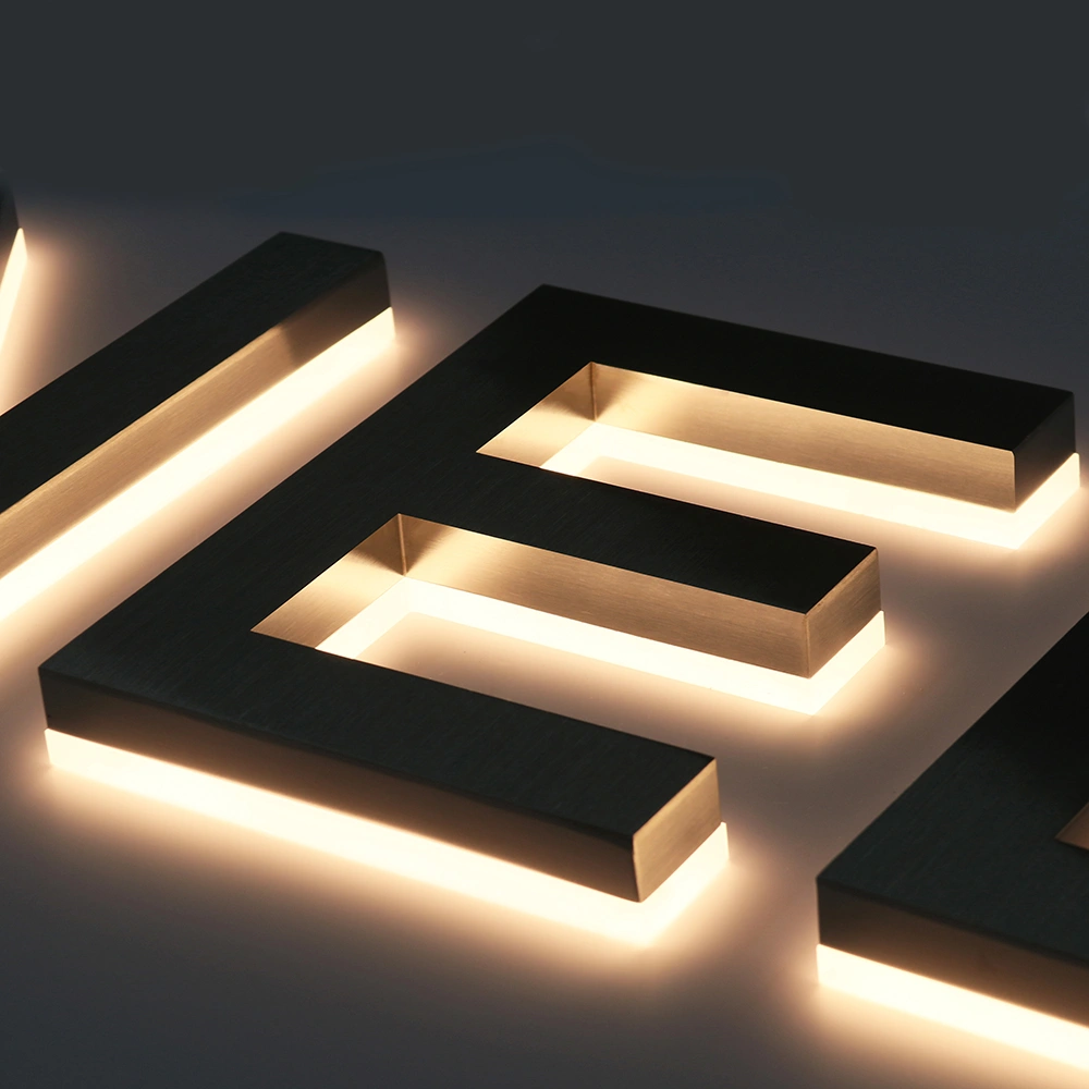 Brushed Silver Stainless Steel Halo-Lit Signs | Modern Industrial LED Back-Lit Signage